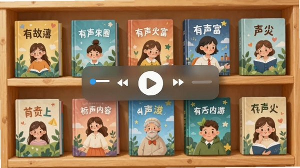 有听故事圈内容库展示图,画面以书架为背景,各类有声故事封面如实体书般陈列,中间悬浮着播放器控制条,体现资源丰富与播放功能的便捷,整体色调明快清晰