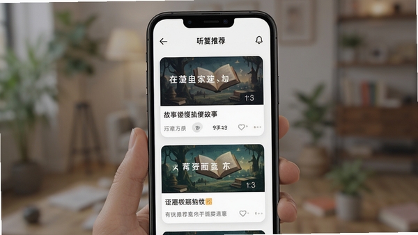 有听故事圈个性化推荐功能截图,画面展示手机端瀑布流推荐卡片,包含故事标题与封面,背景虚化处理,突出算法推荐的精准性与界面的整洁美观,浅色系设计风格
