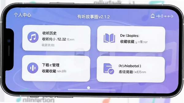 有听故事圈v2.1.2版本个人中心界面设计图,简洁的卡片式布局,包含收听历史、收藏与下载管理入口,背景为淡雅的渐变蓝紫色,突出功能模块的清晰划分与视觉舒适度