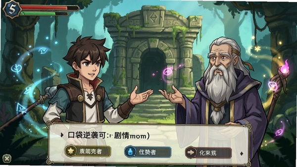口袋逆袭游戏剧情对话场景,主角与神秘导师在古老遗迹前交谈,界面下方显示对话选项,背景有魔法光效,角色表情生动,画面采用2D手绘风格,色彩浓郁,突出沉浸感