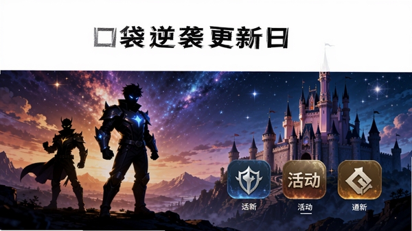 口袋逆袭更新日志配图,画面展示新版本主视觉图,包含新角色剪影与活动入口图标,背景以星空与城堡为主,文字区域留白,方便编辑添加文字,整体风格大气,色彩对比强烈,突出更新内容