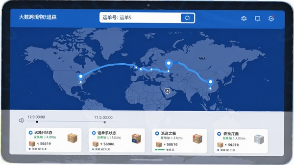 大数跨境物流追踪页面,显示地图轨迹与派送状态时间线,包含多个包裹卡片,上方有运单号输入框,整体界面简洁,蓝色调为主,突出物流节点信息