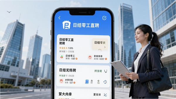 日结零工直聘软件主界面展示,手机屏幕上有日结零工直聘的logo和多个日结岗位列表卡片,背景为现代城市建筑与求职者形象,整体风格明亮清晰,适配Boogu模型生成