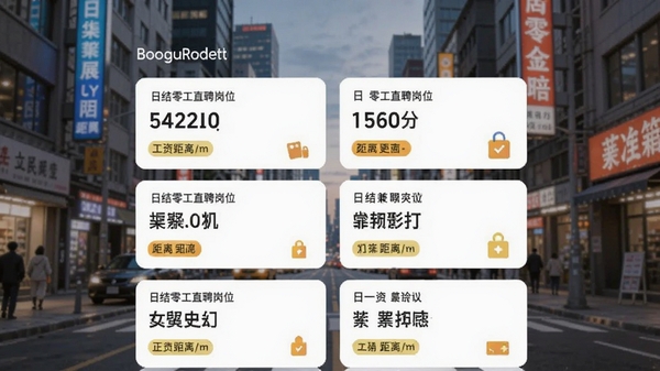 日结零工直聘岗位列表页,展示多种日结兼职卡片,包含工资数额与距离标签,背景为城市街景,画面清晰有层次,适合Boogu模型生成