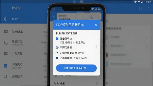 一张展示PDF识别王更新日志的截图风格图片,背景是手机系统设置界面,弹窗显示新版本特性,包括批量导出、识别优化等文字,色调以蓝色和白色为主,简洁清晰