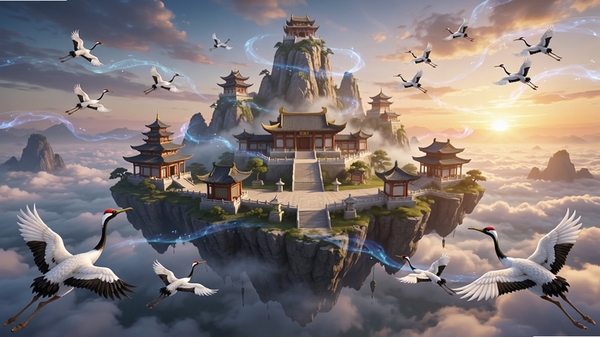 仙宗大掌门游戏全景预览图,画面中心是一座悬浮于云海之上的巍峨仙山宗门,亭台楼阁林立,周围有仙鹤环绕,背景是绚烂的晚霞与流动的灵气光带,整体风格为写实国风,色彩明快,细节丰富,展现游戏宏大的仙侠世界观。