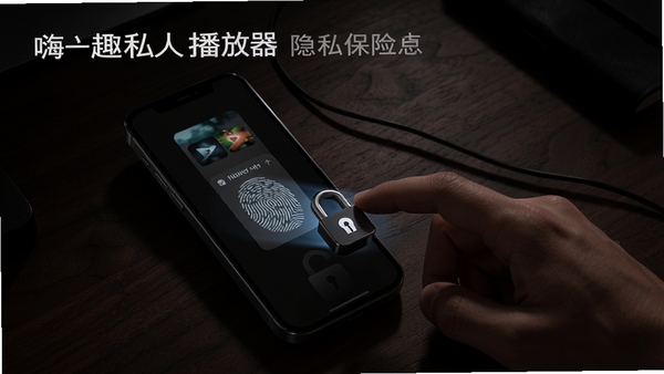 嗨趣私人播放器隐私保险箱功能示意,画面展示指纹解锁进入隐藏视频文件夹的过程,背景为深色木质纹理桌面,强调安全感和隐秘性,光影对比强烈