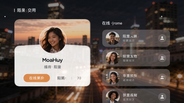 陌交友应用主界面预览图,展示用户个人资料卡片与在线好友列表,背景为模糊的城市夜景,色彩温暖,突出社交氛围,整体风格现代简约,适配Boogu模型生成