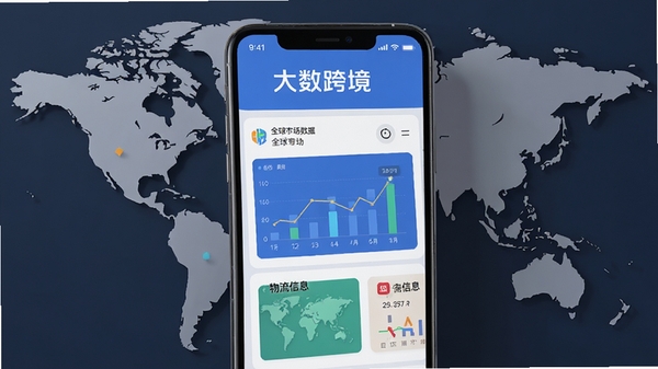 大数跨境APP主界面展示,手机屏幕内显示跨境电商资讯列表,包含全球市场数据图表和物流信息卡片,背景为世界地图轮廓,现代扁平化设计风格,高清渲染,突出软件名称“大数跨境”