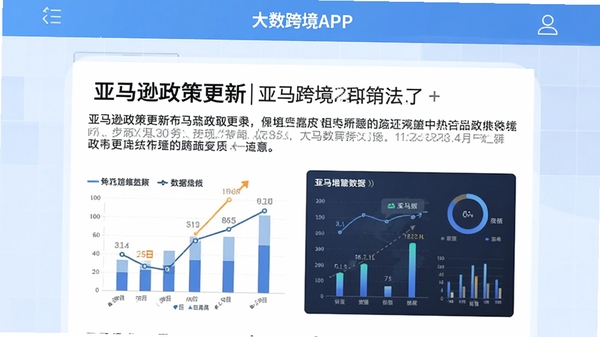 大数跨境APP新闻详情页面,展示一篇关于亚马逊政策更新的文章,配有图表和数据可视化,背景为浅蓝色商务风格,软件名称出现在顶部导航栏,高清界面截图风格