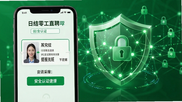 日结零工直聘实名认证环节展示,手机界面显示身份证上传与人脸识别步骤,背景为盾牌图标与安全网络元素,整体色调绿色,传达安全可靠感,画面清晰写实