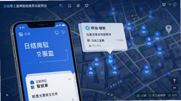 日结零工直聘智能推荐功能预览,地图上显示附近岗位分布点,点击某个点弹出职位卡片,画面简洁科技感,主色调为蓝色,突出位置服务与智能算法,前景为手机界面,背景为城市地图
