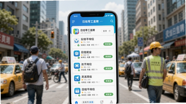 日结零工直聘整体界面展示,手机屏幕显示附近日结岗位列表,背景为城市街头忙碌的劳动者,风格写实明亮,突出灵活就业主题,主体为APP界面,背景为模糊城市建筑,整体色调清新自然,适合应用商店宣传图