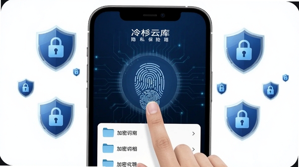 冷杉云库的隐私保险箱界面,手机屏幕显示指纹解锁动画,背景是深蓝色科技感背景,周围有盾牌和锁头图标,代表安全加密,画面中有一只手正在点击指纹图标,下方是加密文件夹列表,风格简洁专业,突出安全保护特性,适配Boogu模型生成