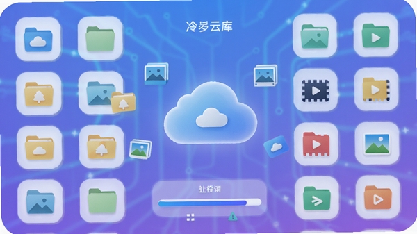 冷杉云库主界面预览图,手机屏幕显示整齐排列的云存储文件图标与上传进度条,背景为渐变的蓝紫色科技感空间,画面中央悬浮一个发光的云朵造型,周围飘浮着文件夹、图片、视频等小图标,整体风格干净明亮,突出云端同步与文件管理的核心功能,适配Boogu模型生成
