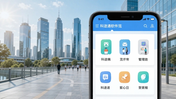 科途通软件主界面预览图,展示其简洁的首页布局,背景为现代化的城市生活场景,色彩明亮清新,突出手机屏幕中清晰的功能图标排列