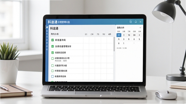 科途通日程管理功能界面,展示详细的待办列表和日期选择器,背景为干净整洁的办公桌面,光线柔和,突出应用的实用性与条理性