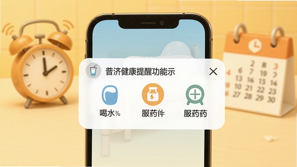 普济健康提醒功能示意图,手机屏幕弹出提醒通知,显示喝水、服药等图标,背景为暖黄色,有闹钟和日历元素,画面温馨,强调时间管理功能
