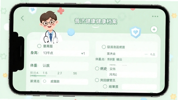 普济健康健康档案界面,手机页面展示个人资料填写表单,包含身高体重、病史选项,背景为浅绿色,上方有卡通医生形象,画面清晰明亮,突出数据管理功能