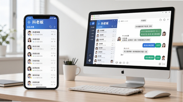 抖老板的聚合私信界面,左侧为会话列表,右侧为聊天窗口,包含快捷回复按钮,背景为简洁的办公桌,手机和电脑同时显示软件界面,突出高效沟通的场景。