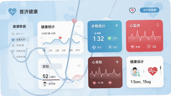 普济健康主界面预览图,展示健康数据仪表盘、步数统计、心率监测等核心功能卡片,背景为浅蓝色医疗风格,界面简洁现代