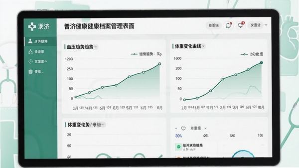普济健康健康档案管理界面,展示血压趋势折线图、体重变化曲线等可视化图表,界面风格清晰专业,背景为白色搭配淡绿色医疗元素