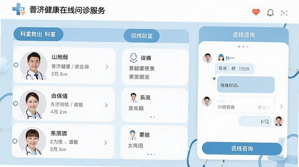 普济健康在线问诊服务界面,展示医生列表、科室分类、在线咨询对话框,整体设计温馨友好,背景为淡蓝色医疗风格