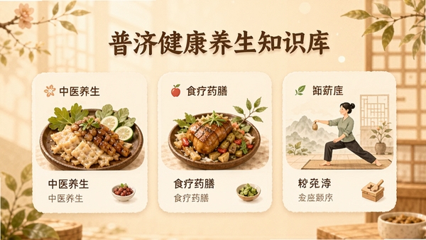 普济健康养生知识库界面,展示中医养生、食疗药膳等分类卡片,配以精美的食物和运动插图,背景为暖色调,营造温馨的学习氛围