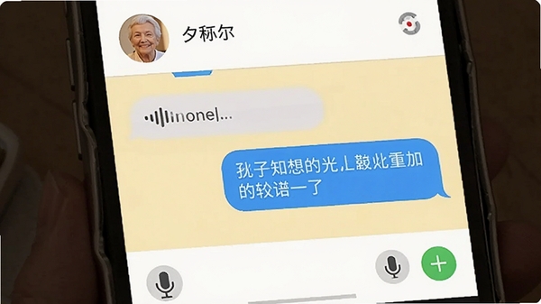 夕阳知己私信聊天界面,屏幕上显示两条对话气泡,一条是语音消息,一条是文字消息,顶部显示对方头像和昵称,底部有麦克风和加号图标,背景为淡黄色,整体风格简洁大方,适合老年人阅读