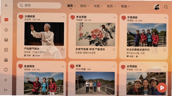 夕阳知己动态广场界面截图,屏幕上显示多条带图片的文字动态,有老人练太极的照片、花鸟画作、旅游合影等,顶部有搜索框和分类标签,整体色调柔和,界面布局清晰,左侧有侧边栏图标,右下角有圆形发布按钮