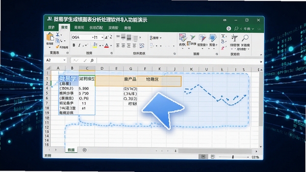 微易学生成绩图表分析处理软件数据导入功能演示,显示Excel表格数据被拖拽到软件窗口的动画效果,软件界面高亮显示字段自动匹配过程,背景有数据流线条特效