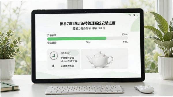 德易力明酒店茶楼管理系统的安装进度界面,显示进度条和安装选项,背景为干净的桌面环境,色彩清新自然