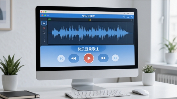 快乐豆录歌主界面截图,展示简洁的录音控制面板,蓝色主题色调,背景为现代办公桌,电脑屏幕上清晰显示软件波形界面,画面明亮清晰,突出软件主界面与功能布局