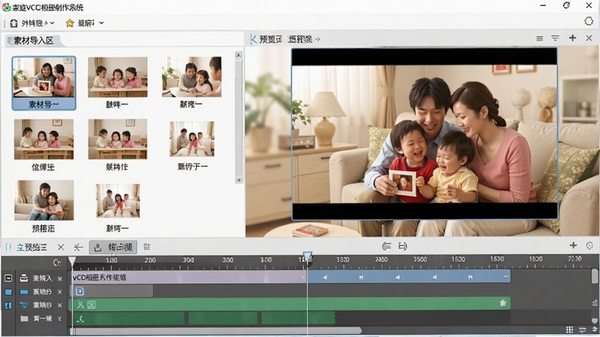 家庭vcd相册制作系统主界面预览图,左侧为素材导入区,右侧为预览窗口,下方时间轴轨道清晰可见,整体风格简洁明亮,中文界面,背景为家庭温馨场景