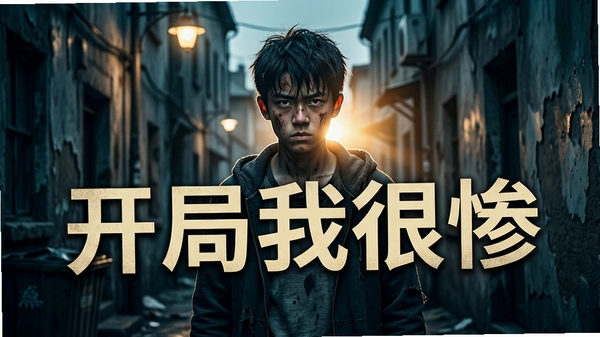 一位落魄少年站在破旧小巷中,眼神却透着坚毅与不屈,背景是昏暗的街灯和斑驳的墙壁,画面整体色调偏冷,但少年身上有一束温暖的逆光,暗示逆袭即将开始,画面中央叠加“开局我很惨”五个大字作为标题,风格类似电影海报,细节丰富,光影对比强烈,适合作为小说阅读APP的开屏预览图