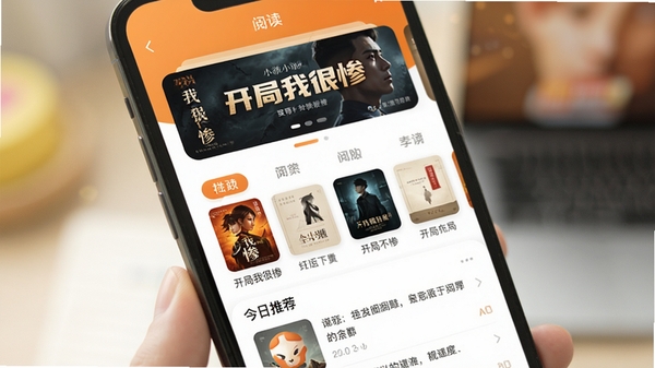 手机屏幕显示小说阅读APP的书架界面,顶部有“开局我很惨”的封面推荐横幅,下方是分类书架和今日推荐列表,界面设计简洁,以暖橙色为主色调,图标圆润,背景虚化,整体画面明亮清晰,突出阅读应用的舒适感与便捷性