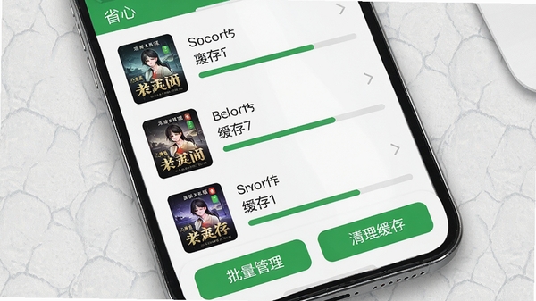 手机界面展示小说阅读软件的缓存管理页面,列表显示多本小说封面与缓存进度条,底部有“批量管理”和“清理缓存”按钮,背景是浅灰色纹理,界面图标以绿色为主,强调省心与高效,整体风格干净利落,突出离线阅读的便利性