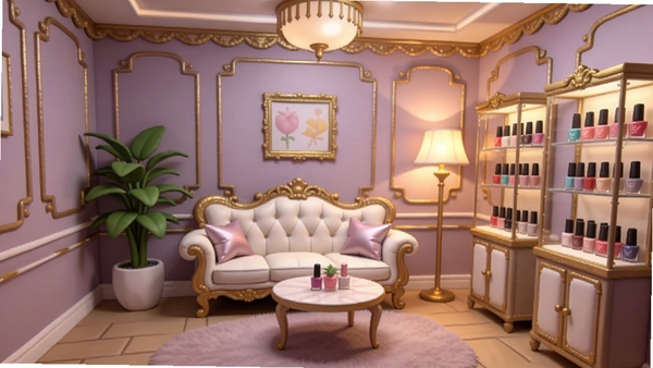 芭芭拉美甲店店铺装修效果图,展示一间经过玩家精心布置的美甲店内部,浅紫色墙面搭配金色装饰线,中央摆放白色欧式沙发,角落有绿植和落地灯,展示柜中陈列着精美甲油瓶,整体氛围奢华温馨,适合作为游戏内装修成果展示