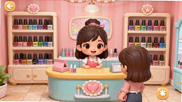 芭芭拉美甲店游戏主界面预览图,画面中央是温馨可爱的美甲店前台,背景是粉色墙壁与展示架,货架上摆满五颜六色的甲油瓶,一位卡通少女店主微笑着迎接顾客,整体风格明亮治愈,细节丰富,适配手机竖屏展示