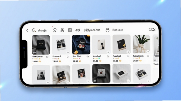 抖购物商城主界面预览图,展示首页商品瀑布流布局,顶部搜索栏与分类导航清晰可见,背景为柔和渐变蓝色,商品卡片整齐排列,整体风格现代简约,突出购物氛围,画面主体为手机屏幕内的商城界面,周围配以轻微阴影和光效,适配Boogu模型生成