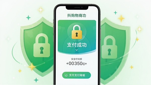 抖购物商城安全支付场景示意图,手机界面显示支付成功页面,带有安全锁图标和支付金额,背景为绿色盾牌与锁形图案,周围有闪烁的星星点缀,整体氛围安全可靠,色彩清新自然