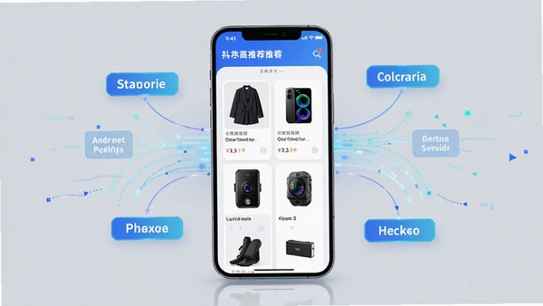 抖购物商城智能推荐功能展示,手机屏幕显示个性化商品推荐列表,包含服饰、数码等商品图片,背景为淡灰色,突出推荐算法精准性,画面中央为手机界面,周围有数据流动线条和推荐标签,整体色调明亮,风格科技感十足