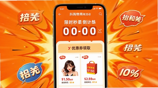 抖购物商城优惠活动页面展示,手机屏幕显示限时秒杀倒计时、优惠券领取界面,商品价格用红色标出,背景为橙色暖色调,周围有爆炸形特效和折扣标签,整体氛围活泼热烈,突出购物狂欢感