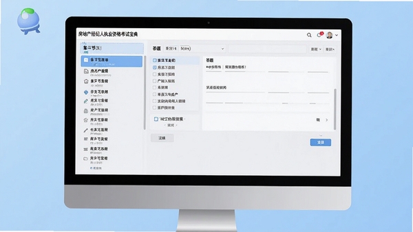 房地产经纪人执业资格考试宝典软件主界面预览图,电脑屏幕显示题库练习页面,左侧是章节列表,右侧是答题区域,界面简洁清晰,背景为浅蓝色调,整体风格专业现代