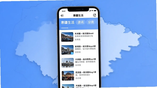 惠疆生活app资讯页面预览图,屏幕上显示新闻列表与分类标签,背景融入新疆地图轮廓,现代简约风格,信息清晰可读,适配Boogu模型生成