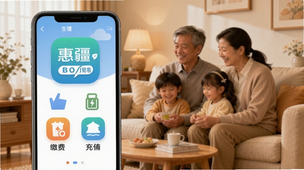 惠疆生活app便民服务功能预览图,手机界面展示缴费、充值等图标,背景为温馨家庭生活场景,色彩柔和,突出便捷与安全,适配Boogu模型生成