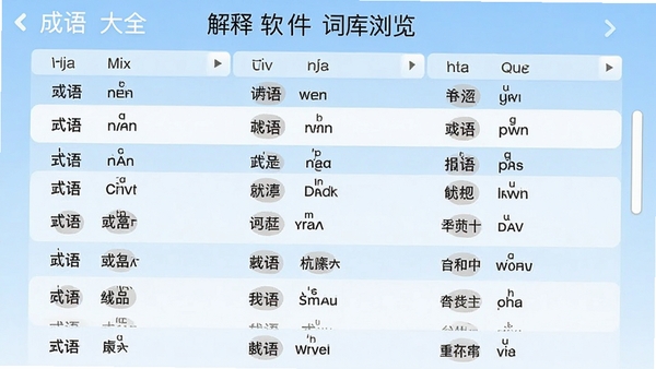 成语大全解释软件词库浏览页面,显示成语列表及拼音索引,背景为淡蓝色渐变,突出词条清晰排列