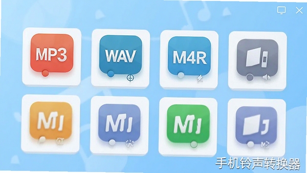 手机铃声转换器格式选择界面,展示多种音频格式图标,MP3、WAV、M4R等,界面采用卡片式布局,图标色彩鲜艳,背景为淡蓝色渐变,软件名称「手机铃声转换器」作为水印置于角落