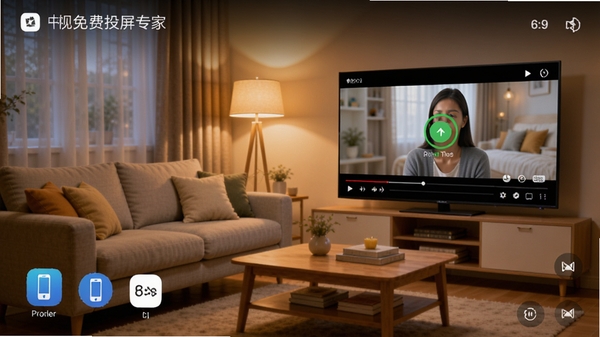 电视免费投屏专家主界面截图,手机屏幕映射到客厅大电视上,画面清晰流畅,背景是温馨的家庭客厅环境,暖色调灯光,沙发和茶几,电视屏幕显示视频播放画面,整体风格简洁明了,突出投屏连接的成功状态,界面元素包括手机端应用图标和电视端画面同步指示,画面比例16:9,高清渲染,细节丰富。