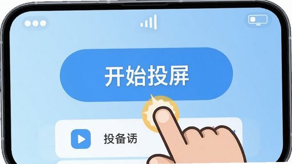 电视免费投屏专家简洁操作界面,手机屏幕上显示大尺寸的“开始投屏”按钮,下方是设备列表,顶部有信号强度图标,界面采用大图标和清晰字体设计,背景为浅蓝色渐变,整体风格简约友好,适合全年龄段用户,画面中央有一个卡通手指点击按钮的动画效果,突出易于上手的特性。